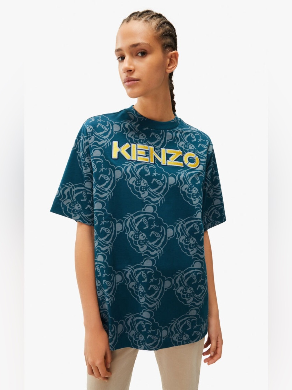 KENZO Teal Tiger-Print Logo Short Sleeve Tee